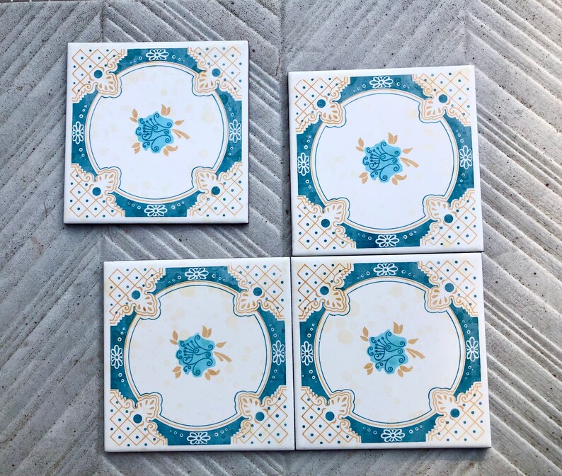 4 Spanish 70s blue and ochre tiles, photo 7 of 10