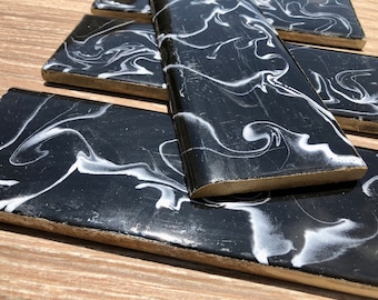 5 Black vintage border tiles.Original retro marble -smoke design.Black Spanish 50s 60s decorative tiles. Black and white salvaged MCM tiles