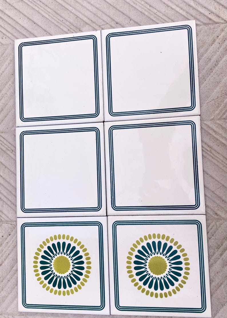 60s 70s Spanish vintage retro tiles – pop art green daisies backsplash — set of 6, photo 4 of 10
