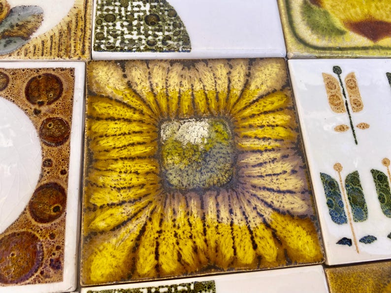 Vintage ochre, yellow, orange, green glazed retro tiles — set of 12, photo 6 of 10