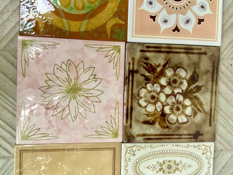 Vintage 70s tiles – 6 pc – Fat Lava Original unused + salvaged retro tiles – Brown, pink + green flower brutalist tiles, photo 9 of 10
