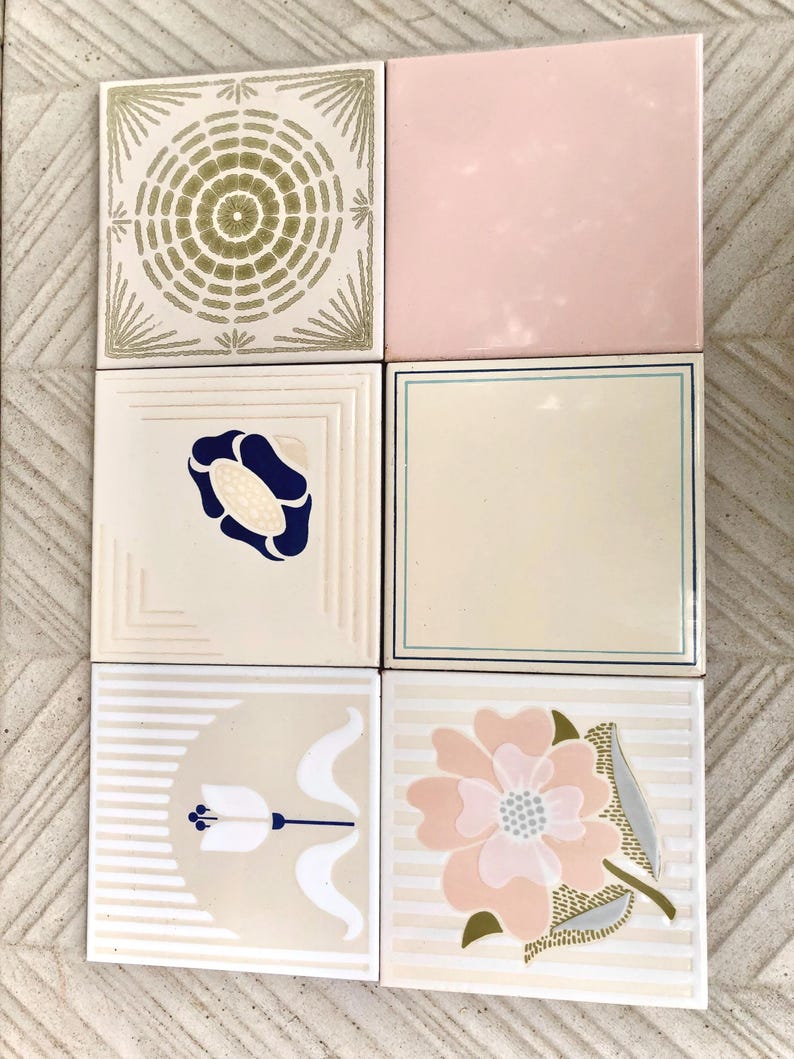 70s pink, beige, blue retro tiles — set of 6, photo 6 of 10