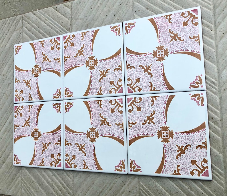 6 Spanish 70s pink tiles – Vintage floral tile mural, photo 1 of 9