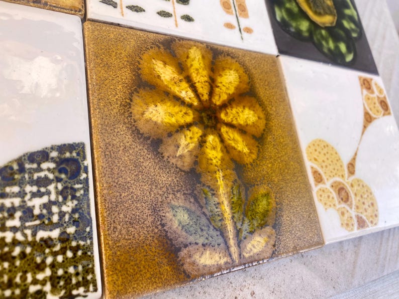 Vintage ochre, yellow, orange, green glazed retro tiles — set of 12, photo 7 of 10