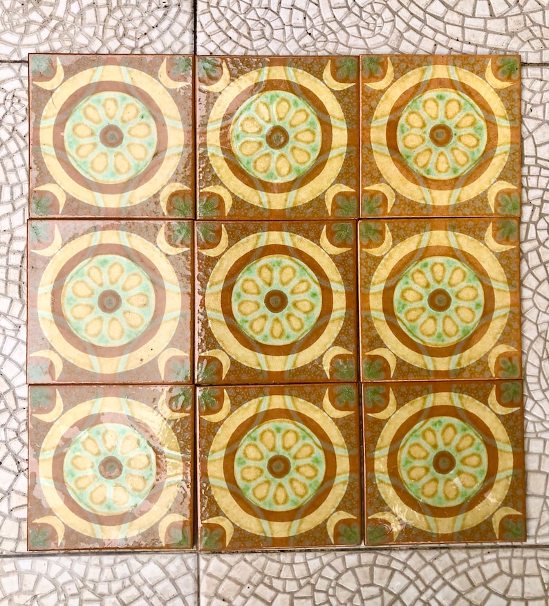 Original 70s retro tiles – Brown, yellow, blue, orange – NOS decorative MCM wall art — set of 9, photo 5 of 9