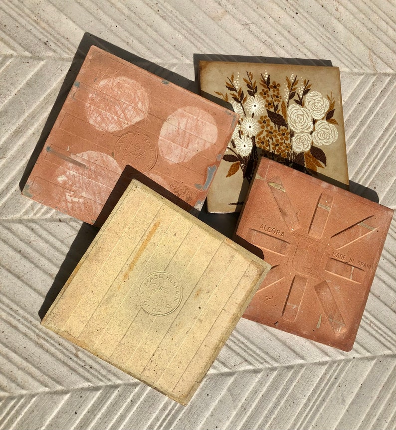 4 Vintage orange, blue, brown yellow Original retro tiles, photo 9 of 9