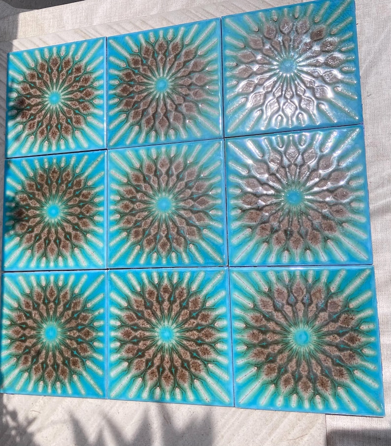 Original 70s vintage glazed blue retro tiles — set of 9, photo 8 of 10