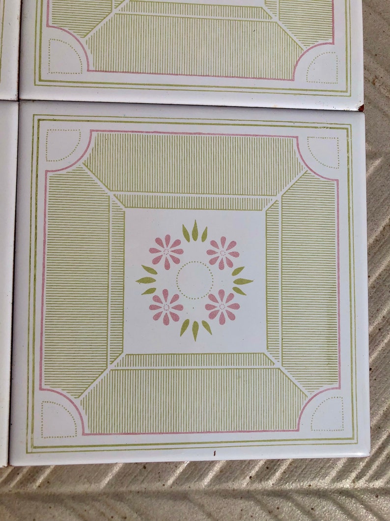 6 Spanish Original 70s green and pink decorative tiles, photo 5 of 10