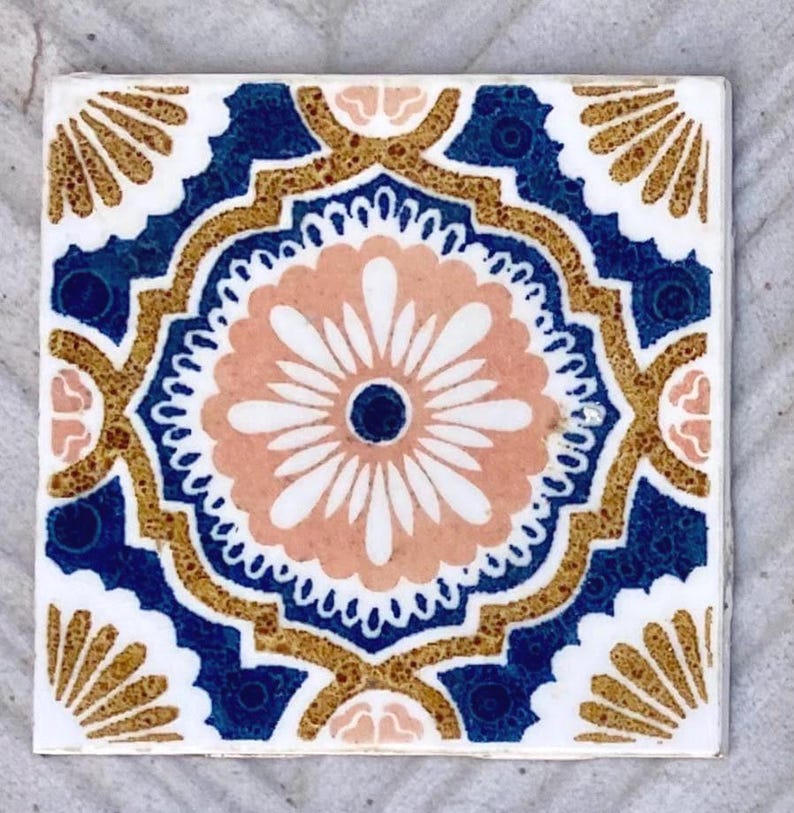 Vintage blue + pink 70s glazed tiles — set of 6, photo 3 of 6