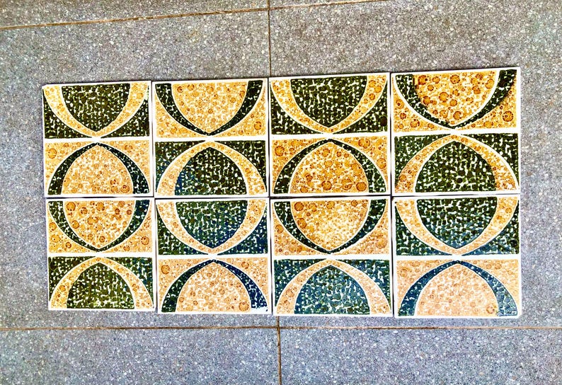 Vintage green, ochre 70s geometric tiles — set of 8, photo 5 of 8