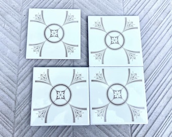 70s Spanish vintage tiles. White + brown  retro tiles. Geometric  60s 70s wall decor. Mid century backsplash decorative tiles.4 pc