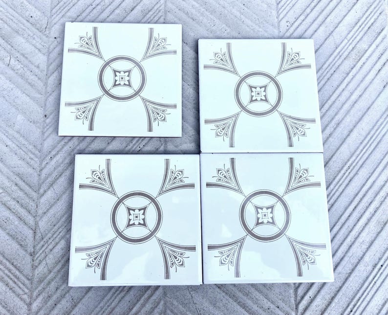 70s Spanish vintage tiles – White + light brown retro tiles — set of 8, photo 7 of 9