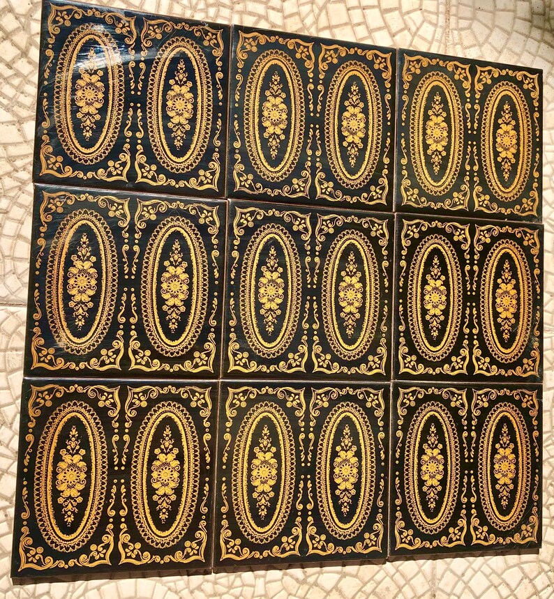 Original 70s retro tiles – Black, yellow, romantic, Art Nouveau style tiles — set of 9, photo 3 of 8