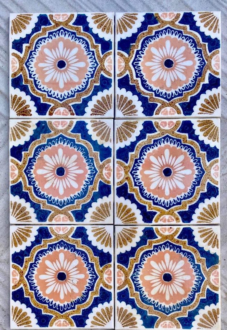 Vintage blue + pink 70s glazed tiles — set of 8, photo 9 of 9