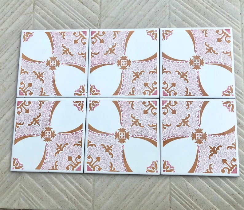 6 Spanish 70s pink tiles – Vintage floral tile mural, photo 2 of 9