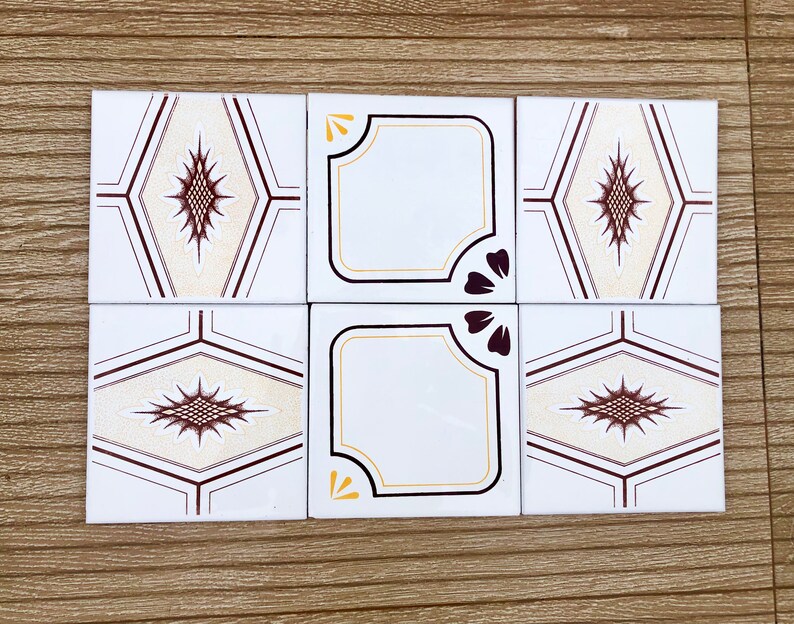 70s Spanish Vintage yellow + brown retro tiles — set of 6, photo 6 of 9