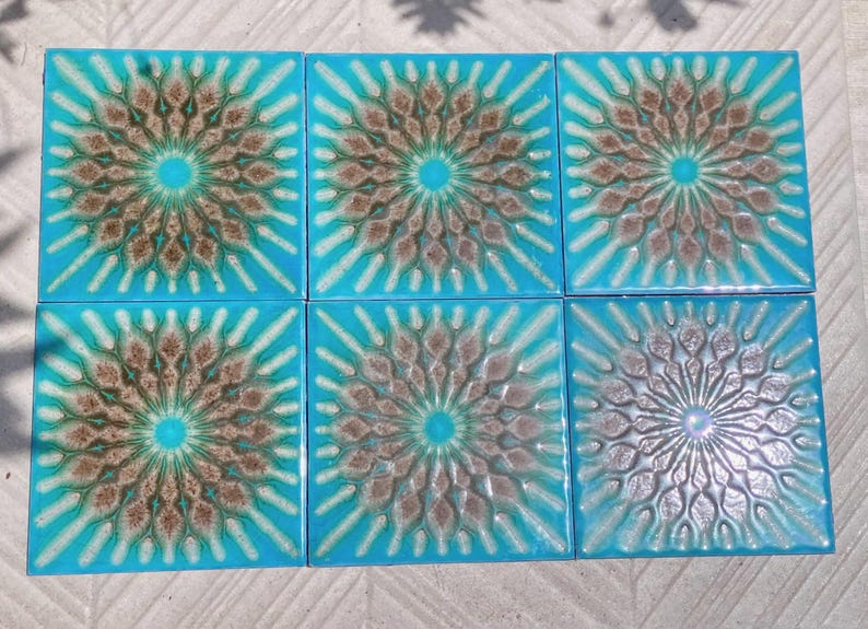 Original 70s vintage glazed blue retro tiles — set of 6, photo 3 of 10