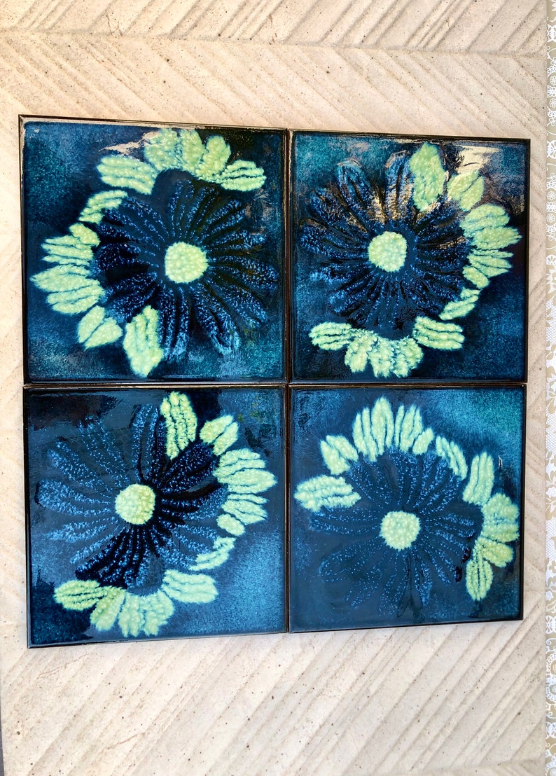 Fat Lava 60 - 70s Blue tiles, trivets or wall plaques — set of 4, photo 4 of 10