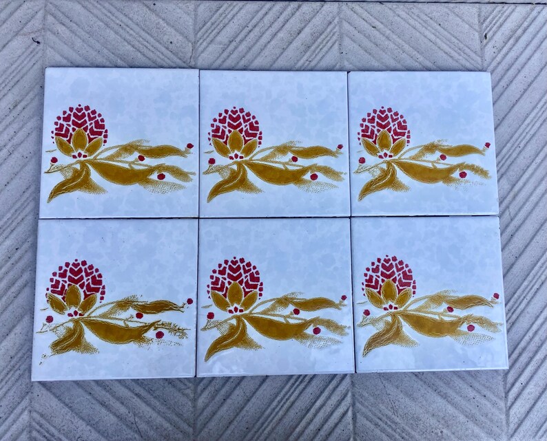 Vintage 70s tiles – 6 pc botanic - Fat Lava Original salvaged retro tiles, photo 5 of 9