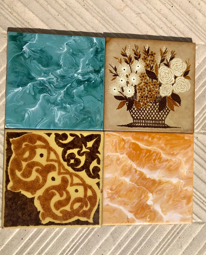 4 Vintage orange, blue, brown yellow Original retro tiles, photo 2 of 9