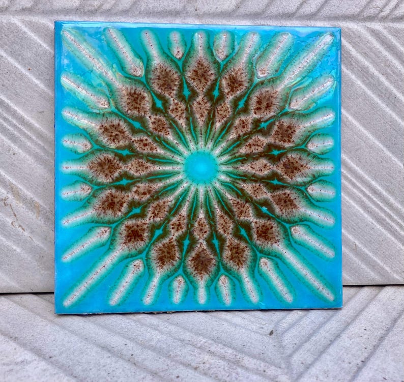 Original 70s vintage glazed blue retro tiles — set of 6, photo 7 of 10
