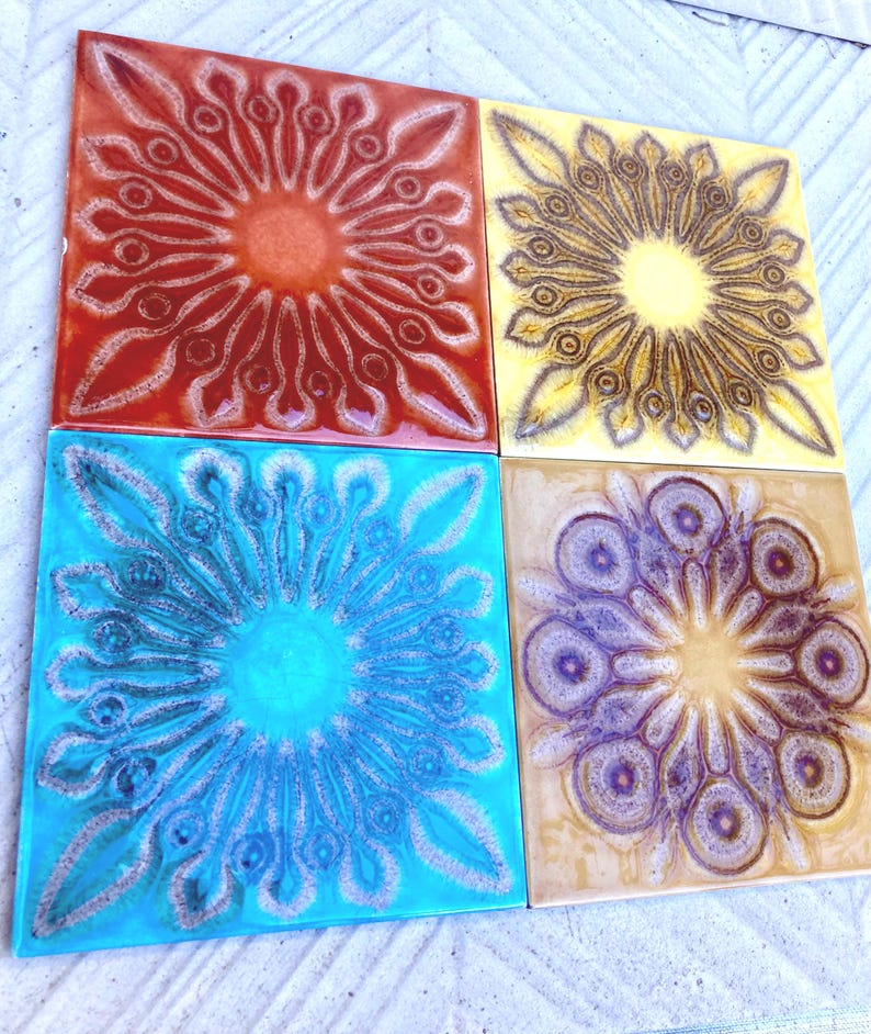 Spanish vintage glazed 70s tiles — set of 4, photo 3 of 10