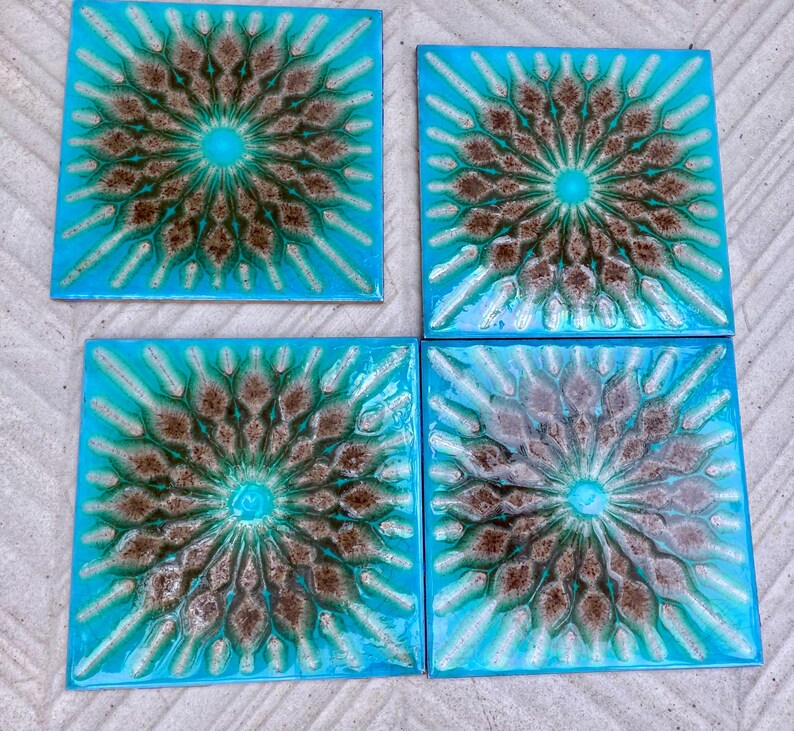 Original 70s vintage glazed blue retro tiles — set of 4, photo 8 of 10