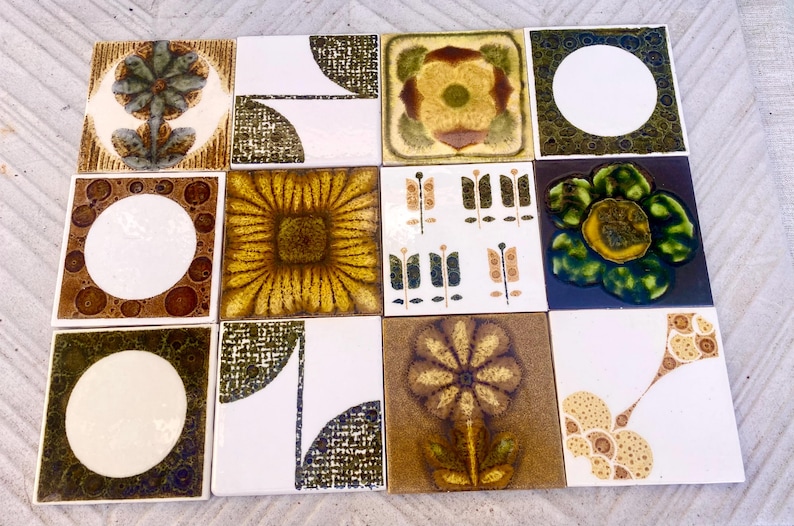 Vintage ochre, yellow, orange, green glazed retro tiles — set of 12, photo 4 of 10
