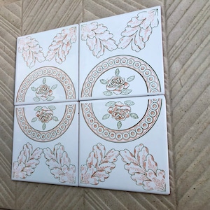 4 Spanish 60s - 70s orange + green retro tiles. Vintage UNUSED floral decorative tiles. MCM, flower power, romantic decor. Backsplash tile