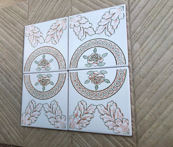 4 Spanish 60s - 70s orange + green retro tiles