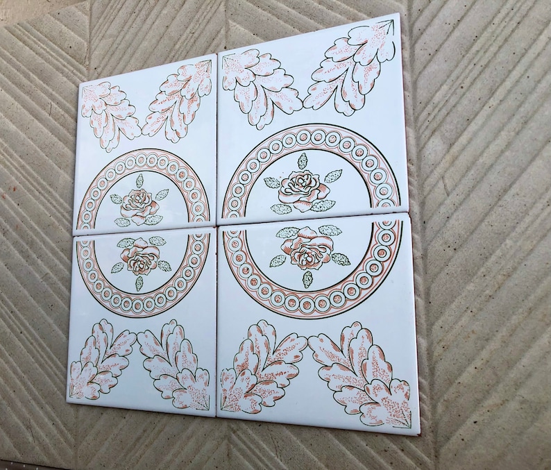 4 Spanish 60s - 70s orange + green retro tiles, photo 1 of 10