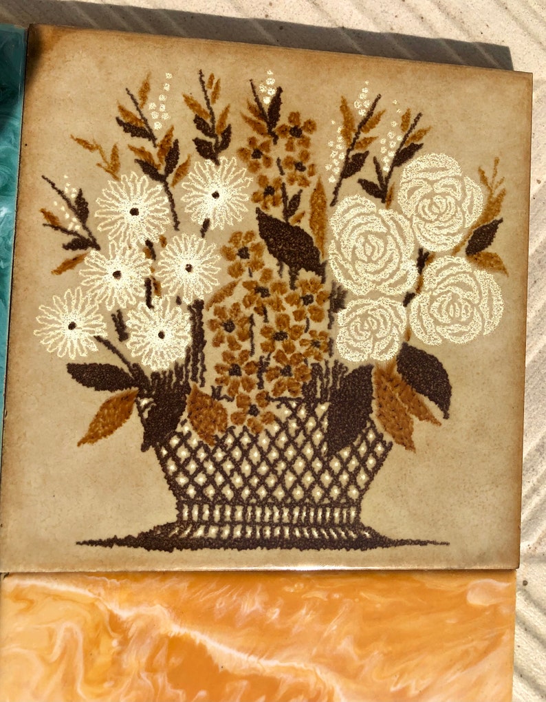 4 Vintage orange, blue, brown yellow Original retro tiles, photo 5 of 9