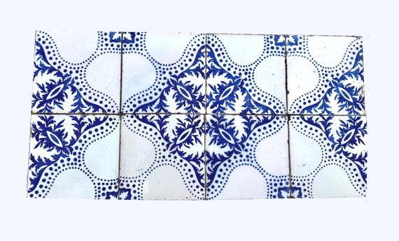 8 antique Art Nouveau blue + white original early 20th century Spanish decorative tiles