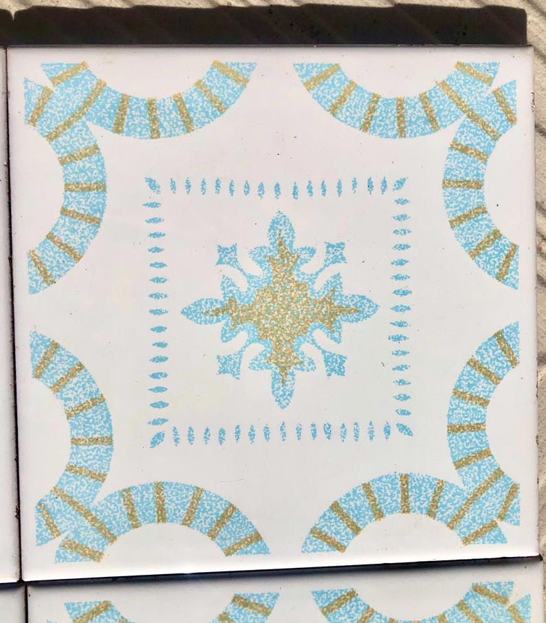 4 Vintage 70s Salvaged blue + ochre Spanish tiles, photo 2 of 9