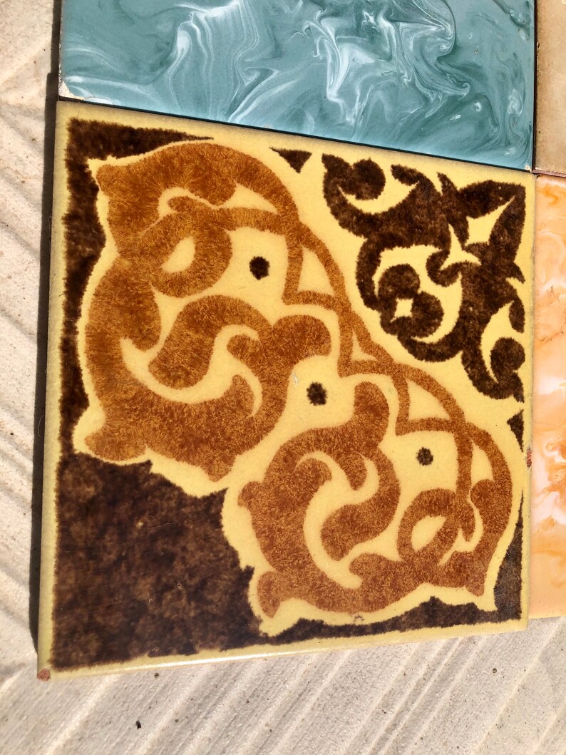 4 Vintage orange, blue, brown yellow Original retro tiles, photo 7 of 9