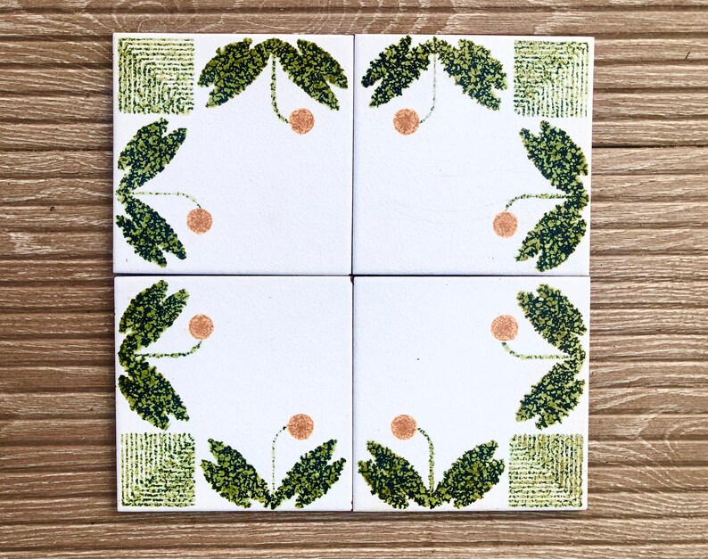 Vintage tiles from Spain – 4 tile mural – 70s geometric Fat Lava in green, orange, photo 2 of 9