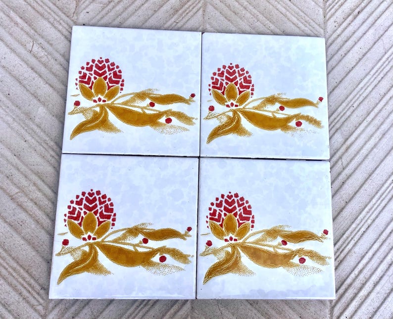 Vintage 70s tiles – 4 pc botanic - Fat Lava Original salvaged retro tiles, photo 7 of 8