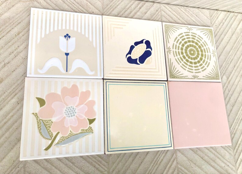 70s pink, beige, blue retro tiles — set of 6, photo 3 of 10