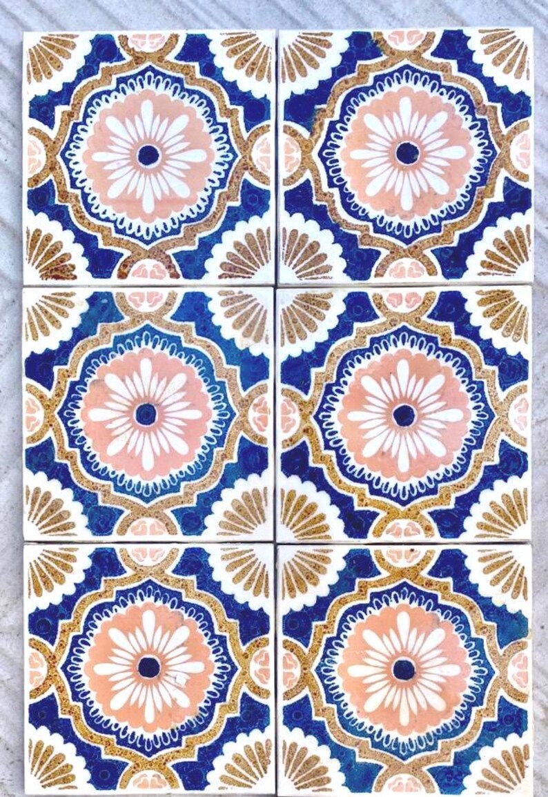 Vintage blue + pink 70s glazed tiles — set of 9, photo 3 of 6