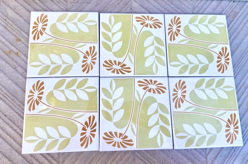60s 70s Spanish vintage retro tiles – pop orange + green daisies backsplash — set of 6, photo 3 of 8