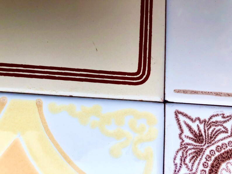 60s 70s vintage sunray geometric tiles in orange, yellow, brown — set of 4, photo 9 of 10