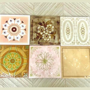 Vintage 70s tiles. 6 pc. Fat lava ORIGINAL unused + salvaged retro tiles. Mid century backsplash. Brown, pink + green flower brutalist tiles