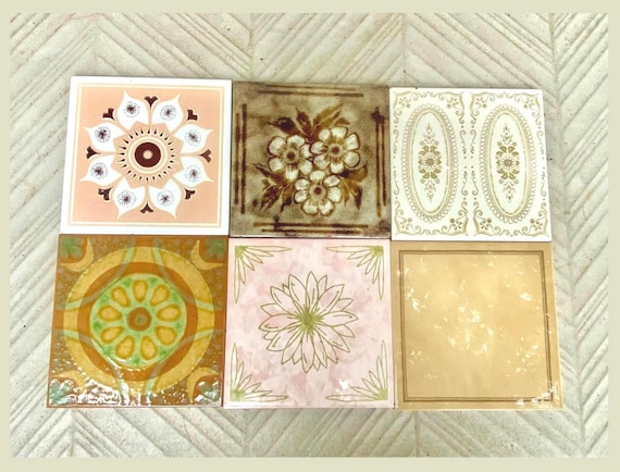 Vintage 70s tiles – 6 pc – Fat Lava Original unused + salvaged retro tiles – Brown, pink + green flower brutalist tiles
