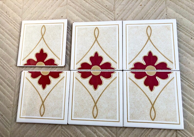 6 Spanish 70s vintage tiles – Mid century red, brown geometric Fat Lava tiles, photo 6 of 8
