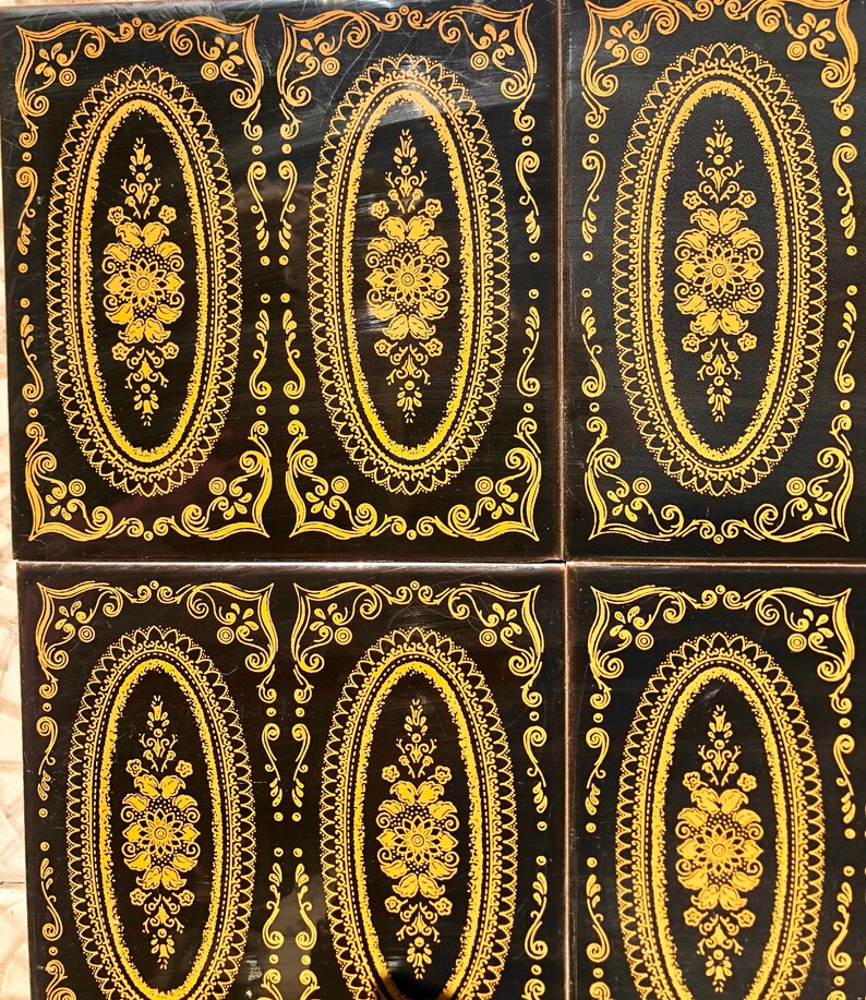 Original 70s retro tiles – Black, yellow, romantic, Art Nouveau style tiles — set of 9, photo 6 of 8