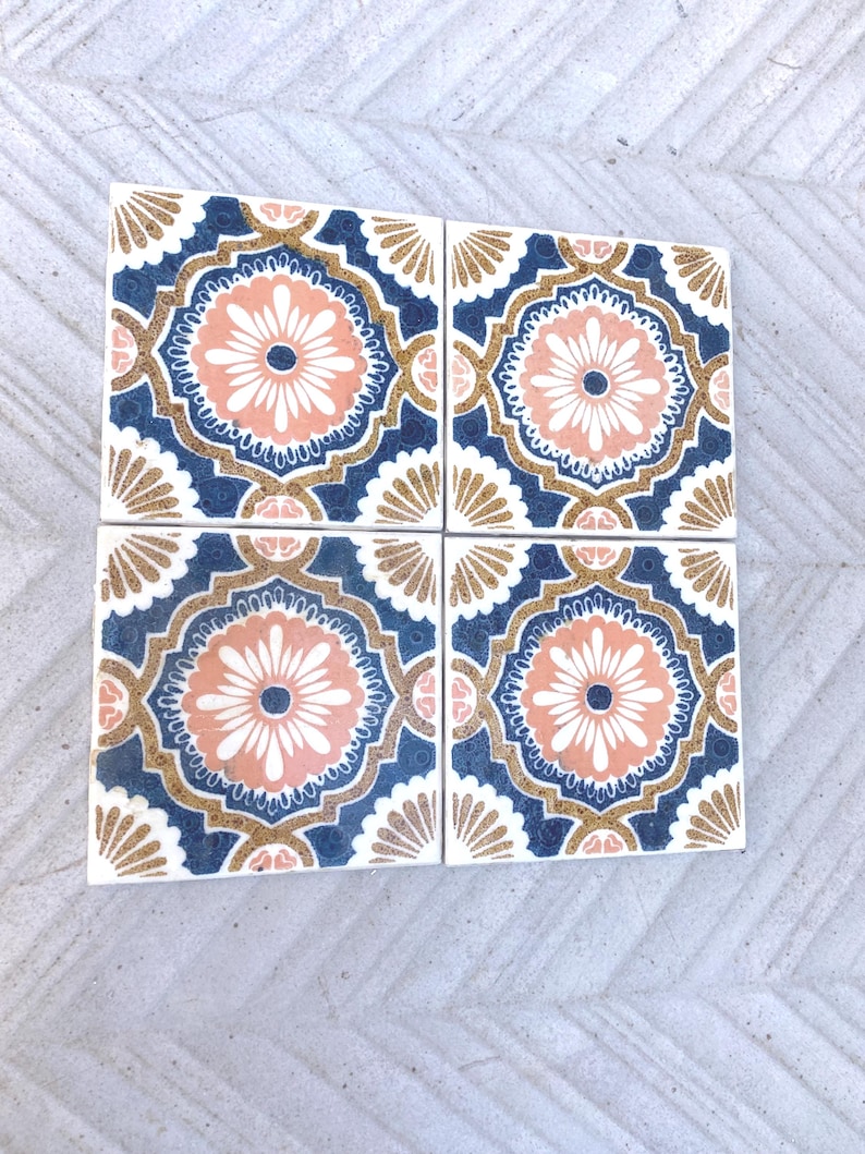 Vintage blue + pink 70s glazed tiles — set of 4, photo 3 of 7