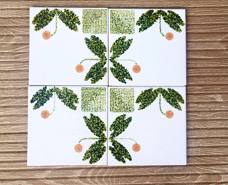 Vintage tiles from Spain – 4 tile mural – 70s geometric Fat Lava in green, orange, photo 3 of 9
