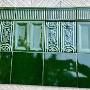 Art nouveau style floral border tile set from Spain. 16 glazed vintage tiles. Majolica tile mural. Fireplace or backsplash green tiles.