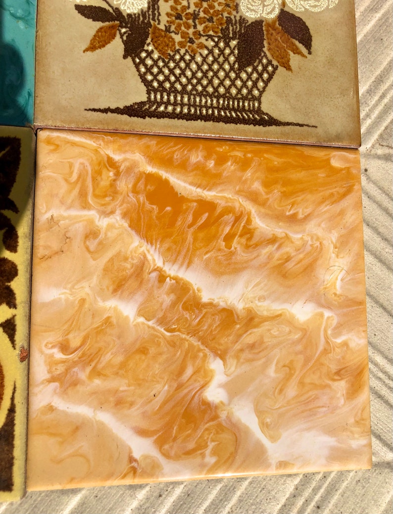 4 Vintage orange, blue, brown yellow Original retro tiles, photo 6 of 9