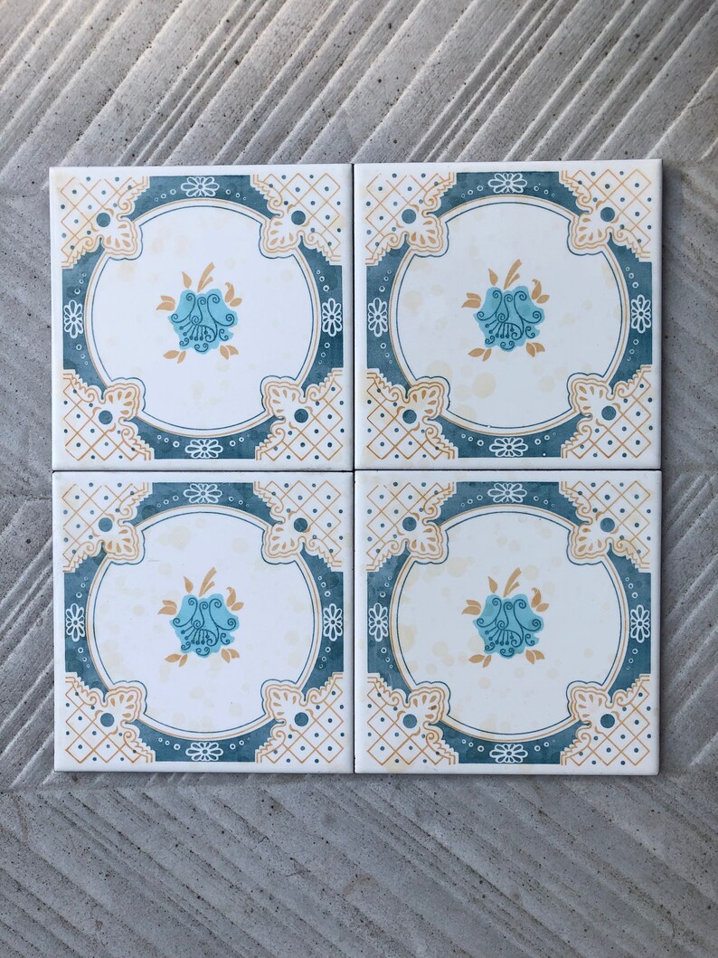4 Spanish 70s blue and ochre tiles, photo 10 of 10
